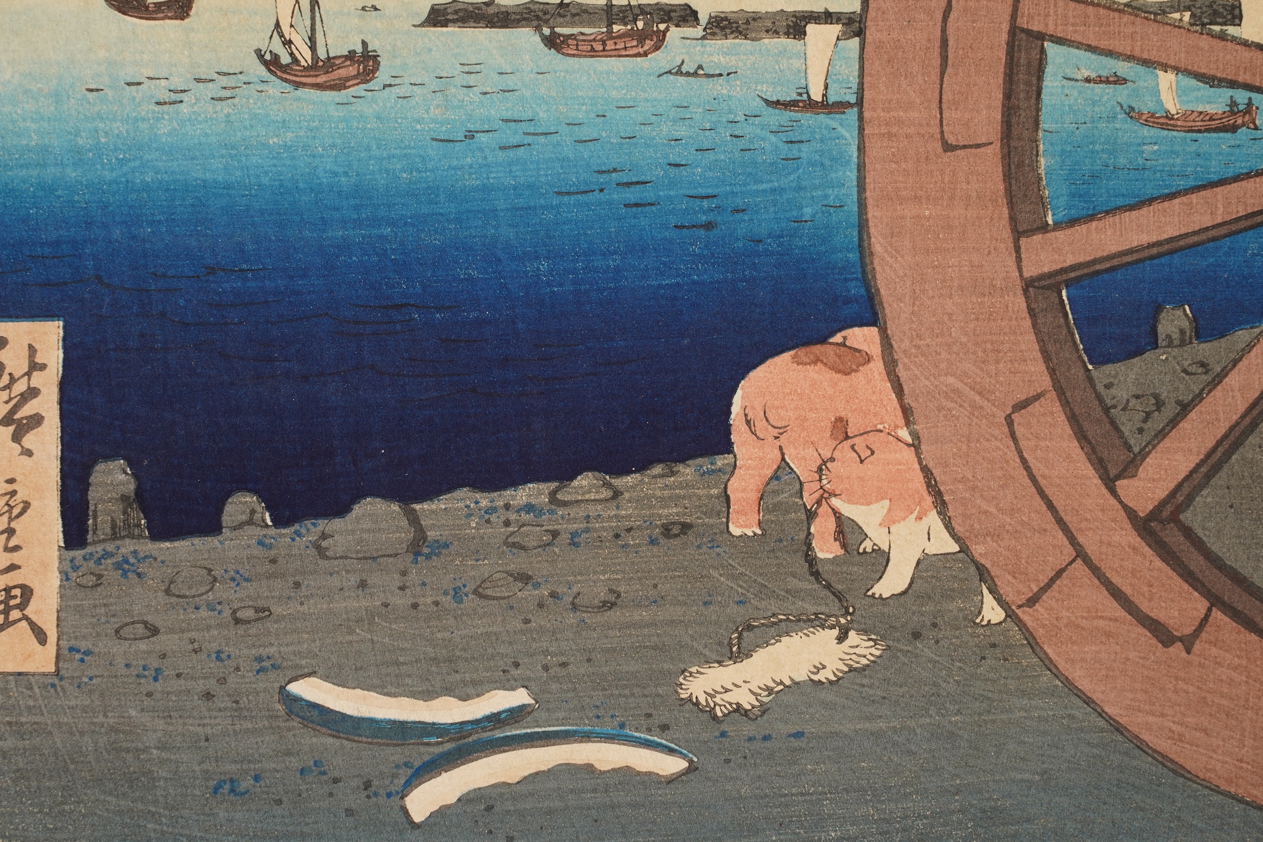 After Utagawa Hiroshige , Komagata Hall & Azumja Bridge and Ushimachi Takanawa, Two woodblock prints, 33.5cm x 22cm